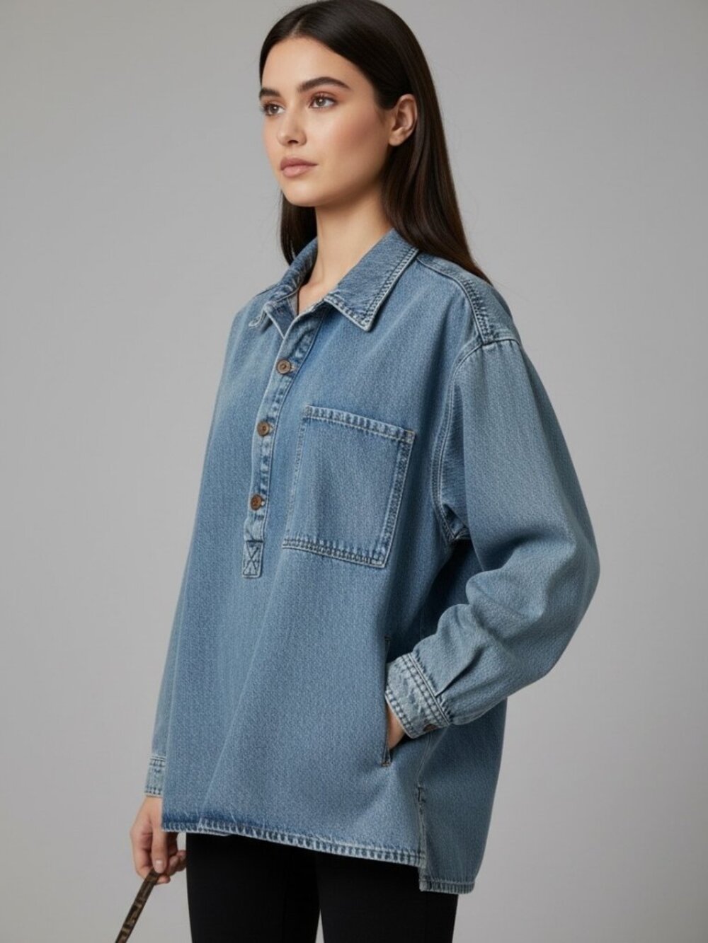 Pilcro Anthropologie Denim Pullover Shirt Top Size L Y2K Minimalist Casual